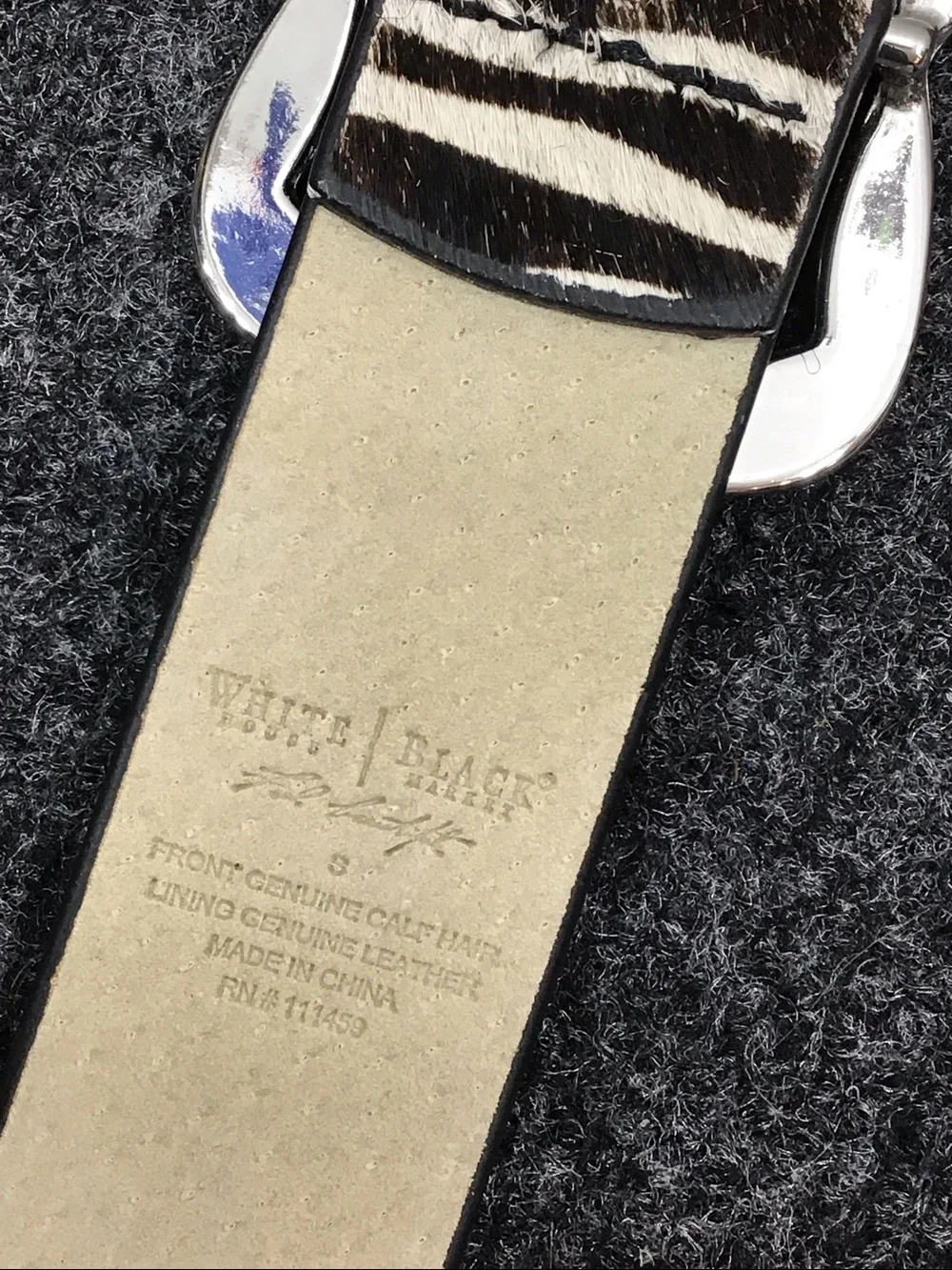 WHBM calf hair zebra print b/w leather belt silver buckle S